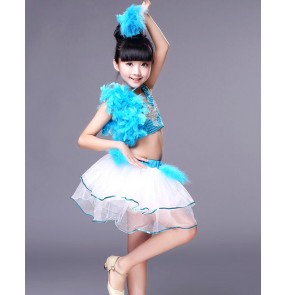 Turquoise fuchsia hot pink sequined feather girls kids child children kids modern dance stage performance jazz dance t show school play dance costumes outfits